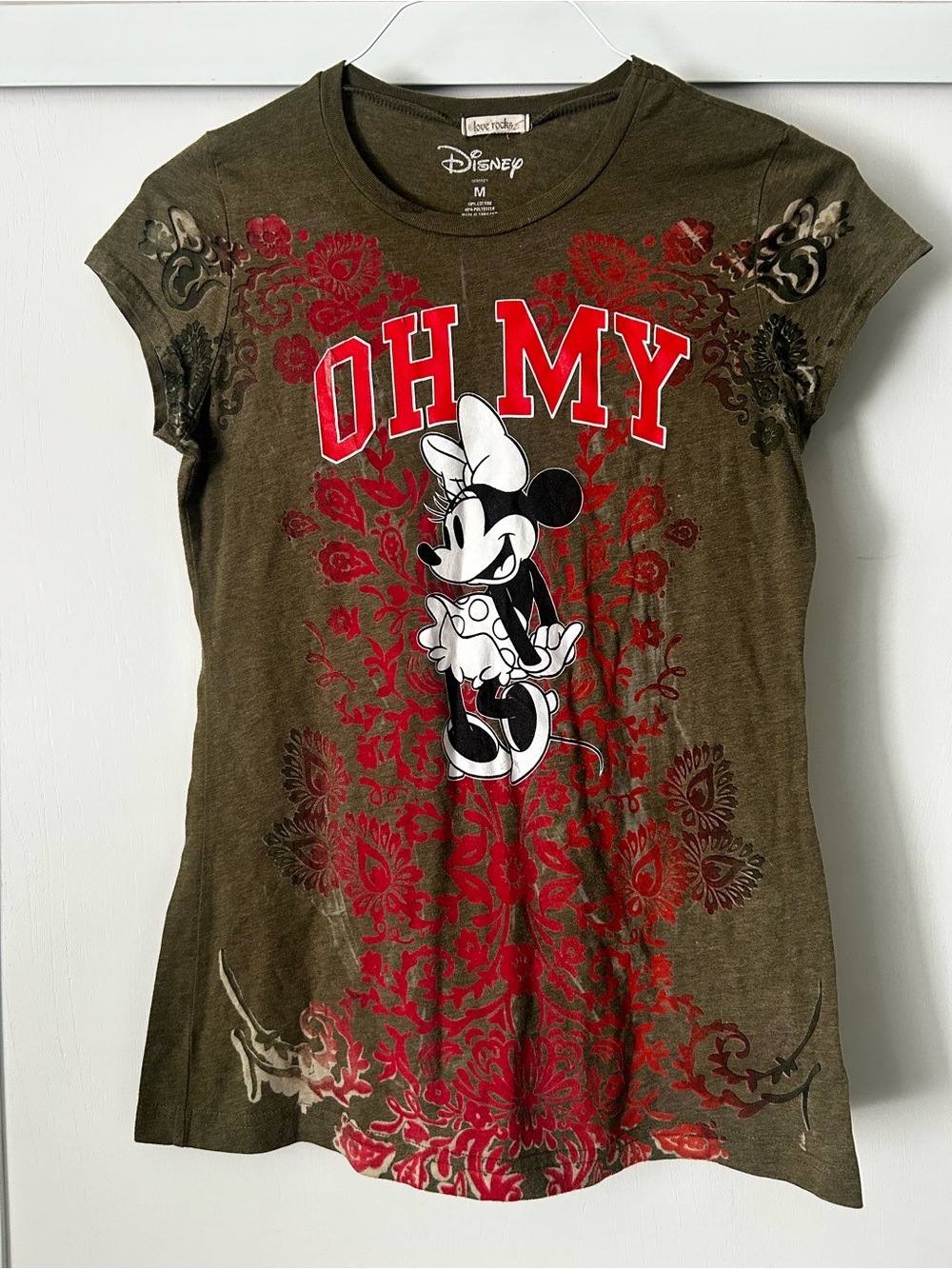 Disney Olive Green Minnie Mouse Tee with Red Graphics